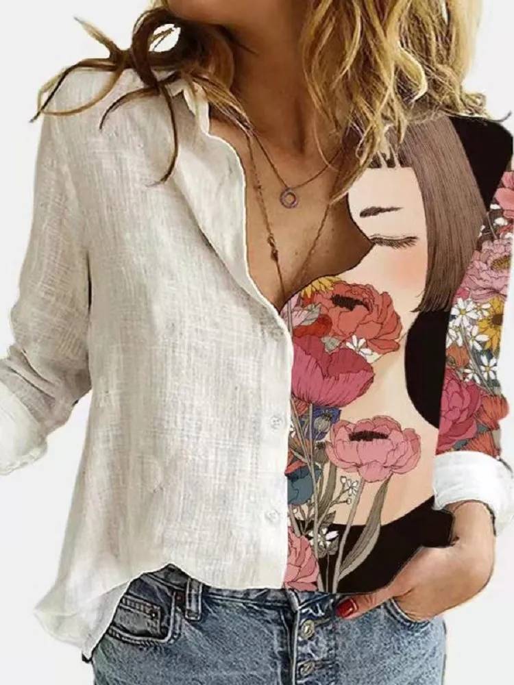 Women's Hemp Shirt – Floral Pattern, Long Sleeved and Casually Stylish