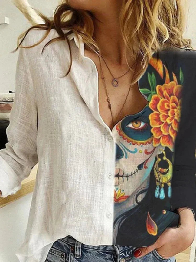 Women's Hemp Shirt – Floral Pattern, Long Sleeved and Casually Stylish