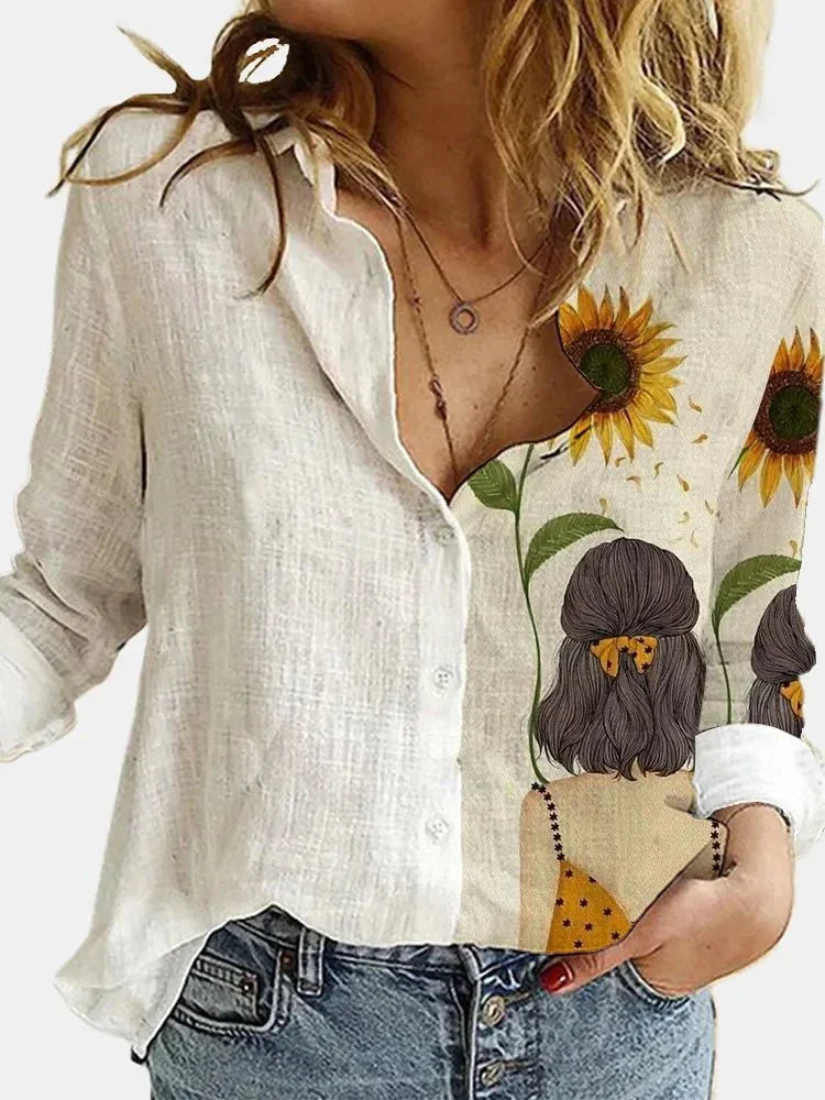 Women's Hemp Shirt – Floral Pattern, Long Sleeved and Casually Stylish