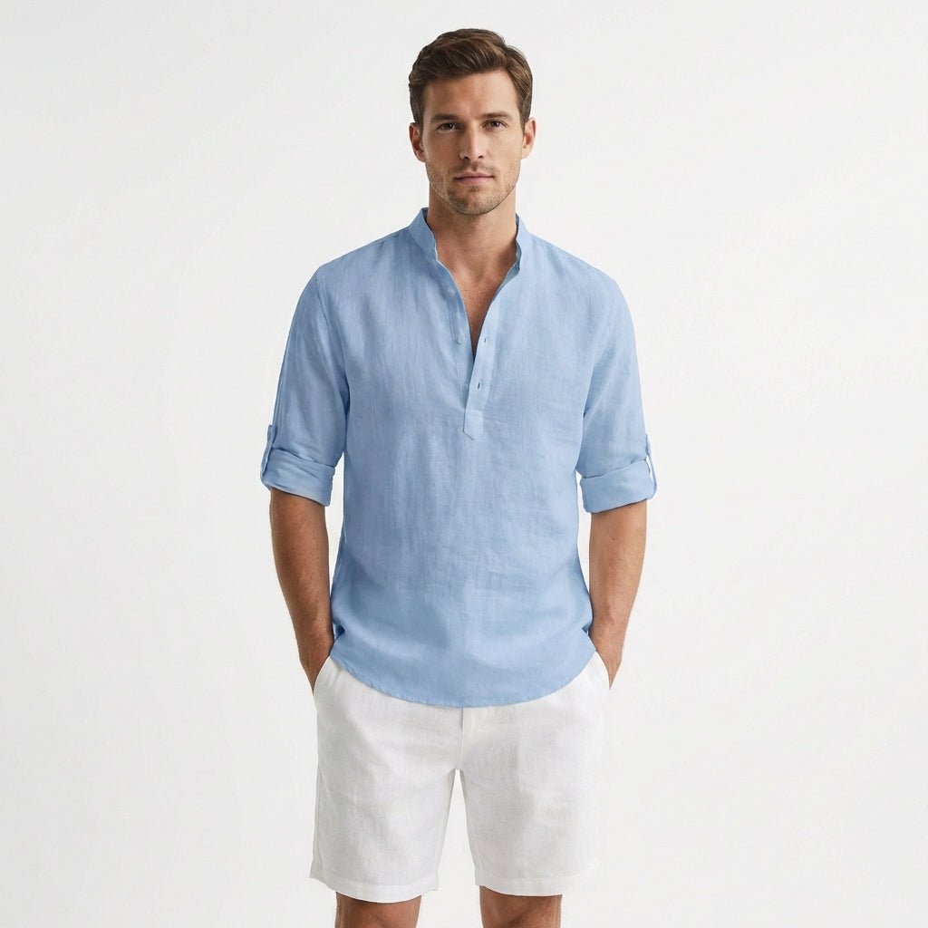 Men's linen shirt | Stand collar, roll-up sleeves