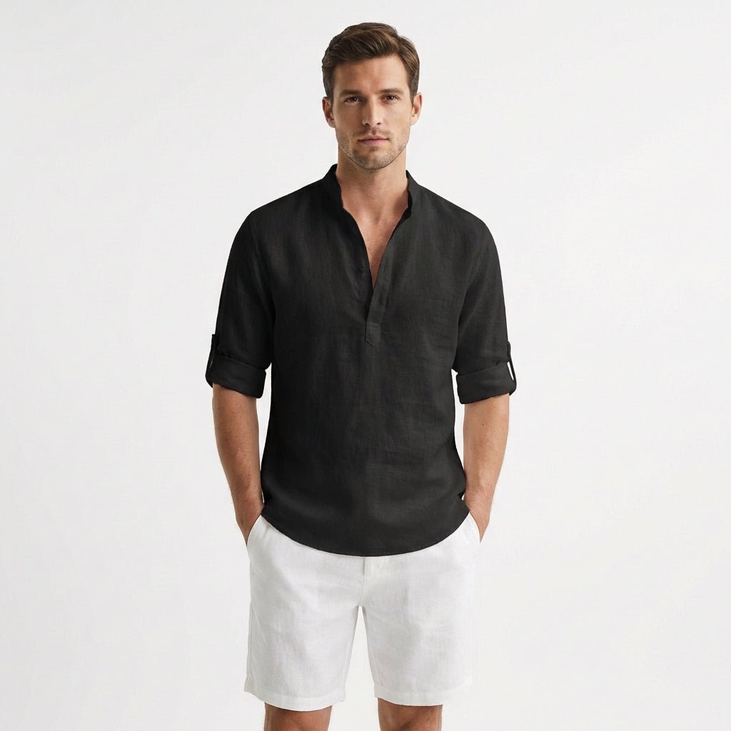 Men's linen shirt | Stand collar, roll-up sleeves