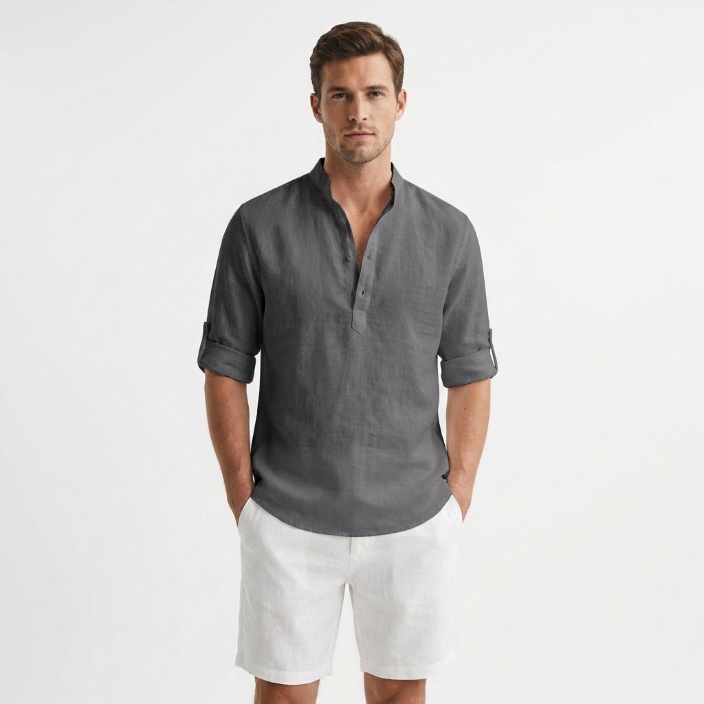 Men's linen shirt | Stand collar, roll-up sleeves