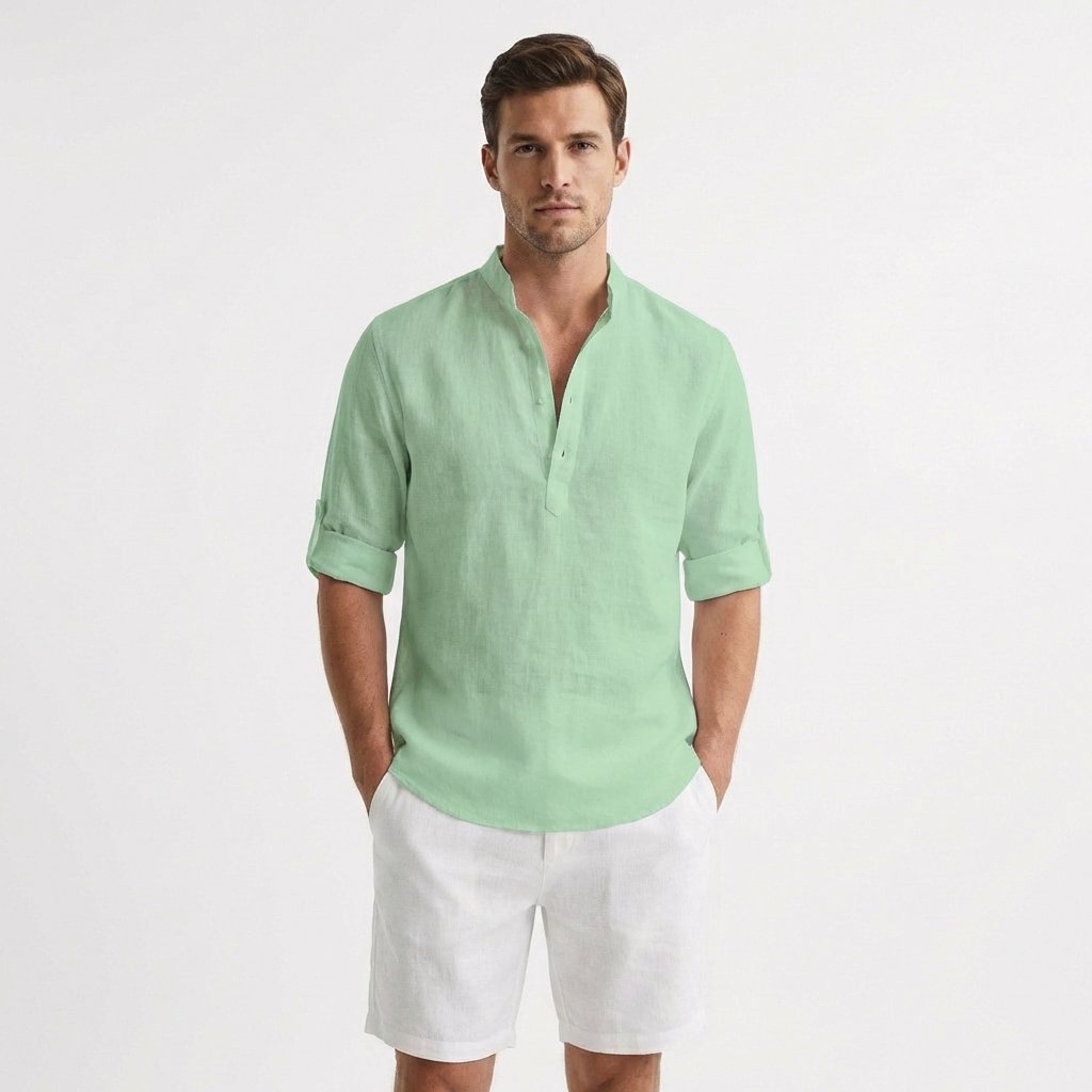 Men's linen shirt | Stand collar, roll-up sleeves
