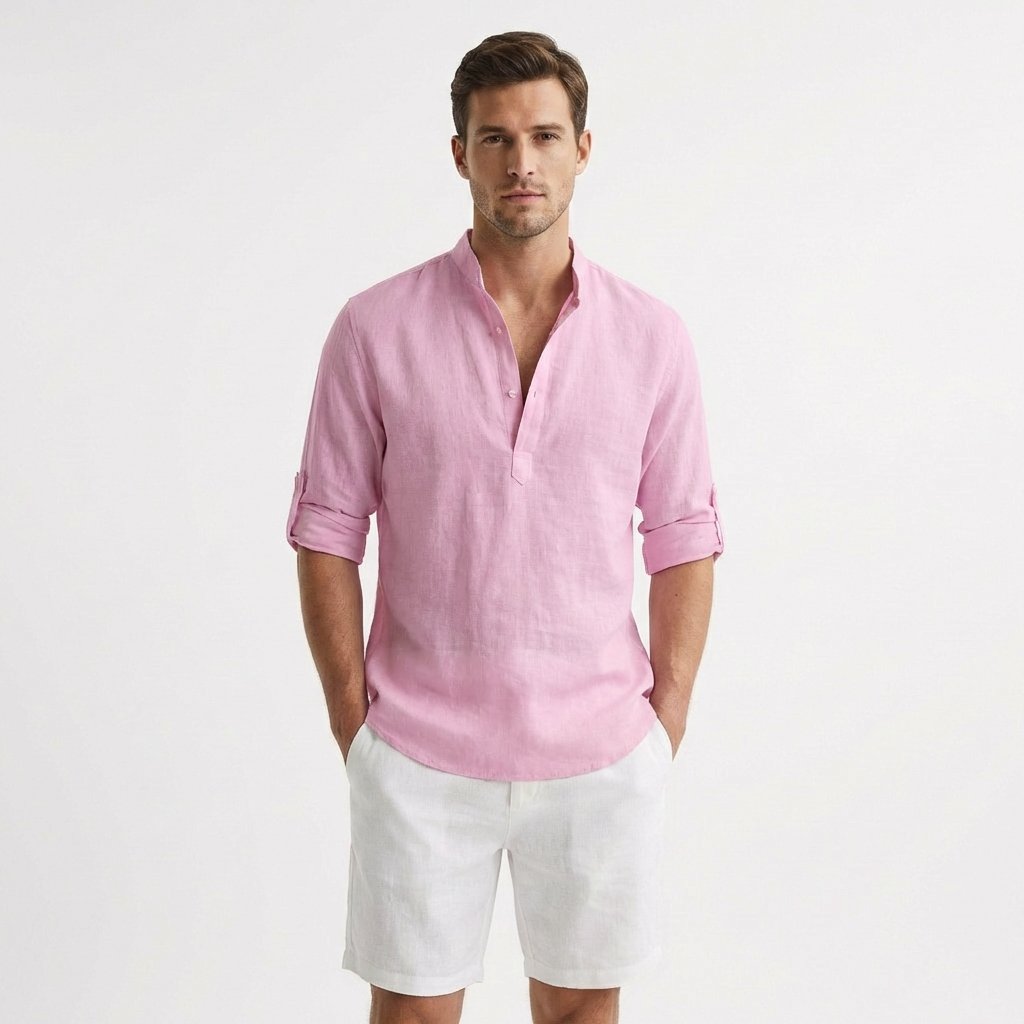 Men's linen shirt | Stand collar, roll-up sleeves
