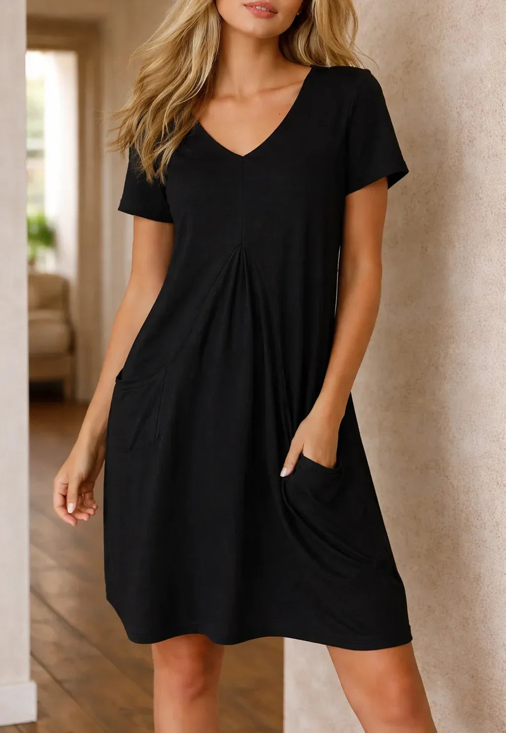 A-line dress with pockets | Home-delivered V-neck | Knee-length