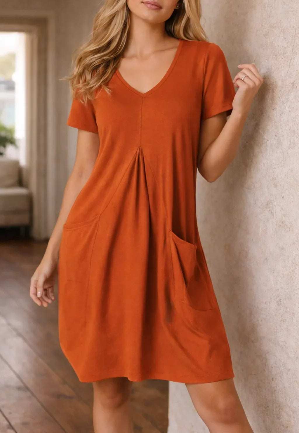 A-line dress with pockets | Home-delivered V-neck | Knee-length