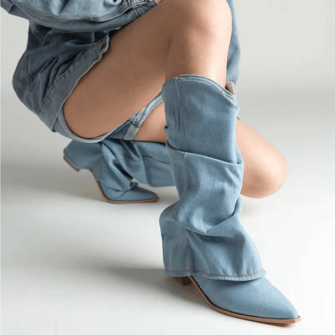 Boots Denim Women’s Western Style Block Heel Ankle Length