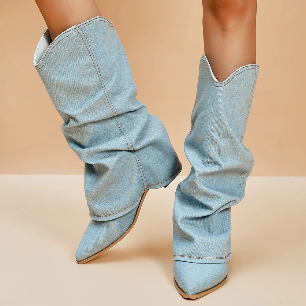 Boots Denim Women’s Western Style Block Heel Ankle Length