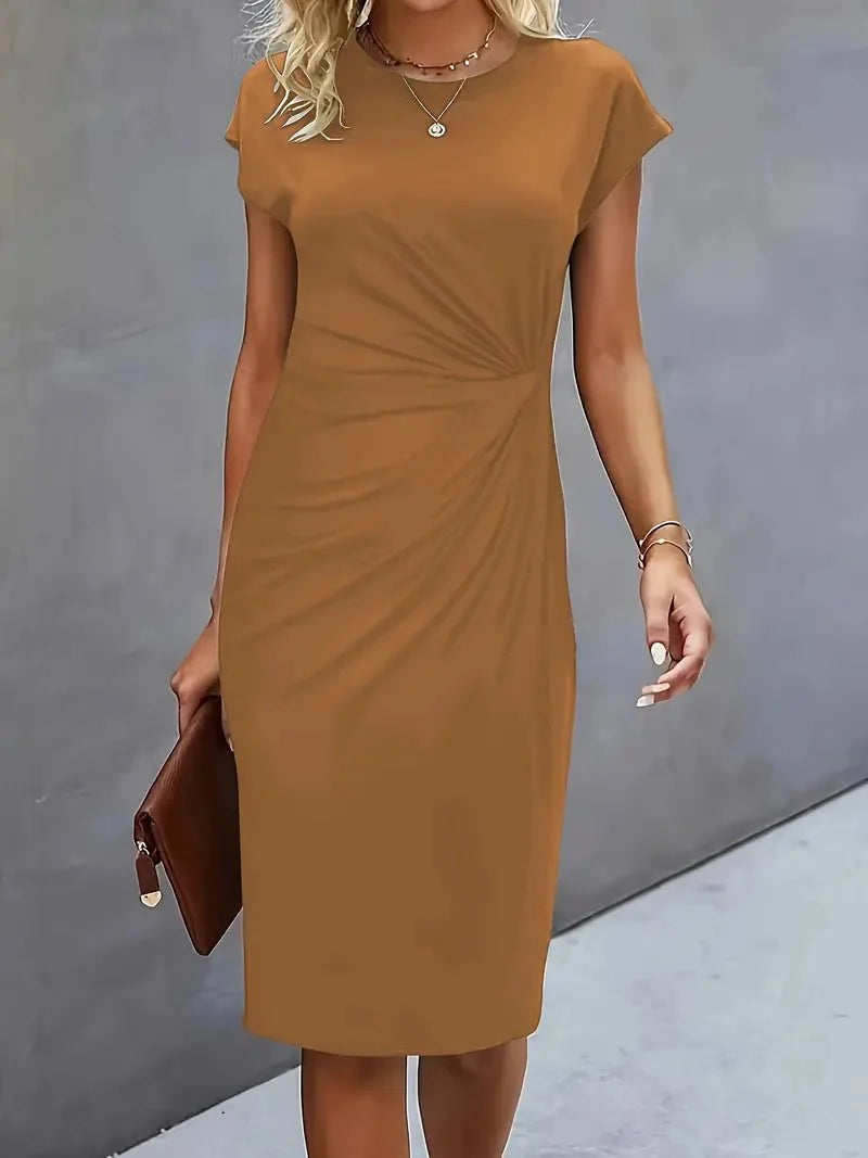 Midi Dress for Women Round Neck Lightweight Waist-Enhancing