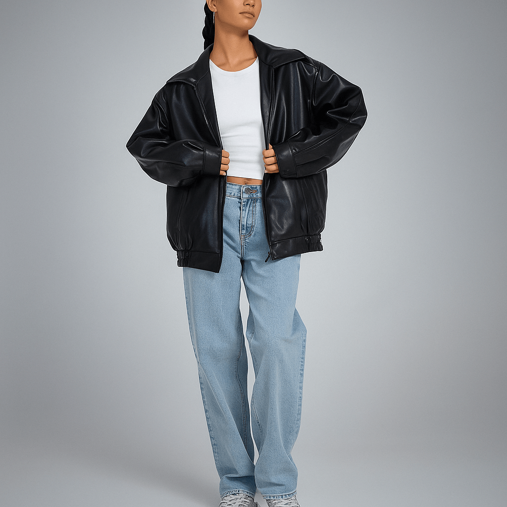 Women's leather jacket – Oversized fit – Hip length – Zipper closure
