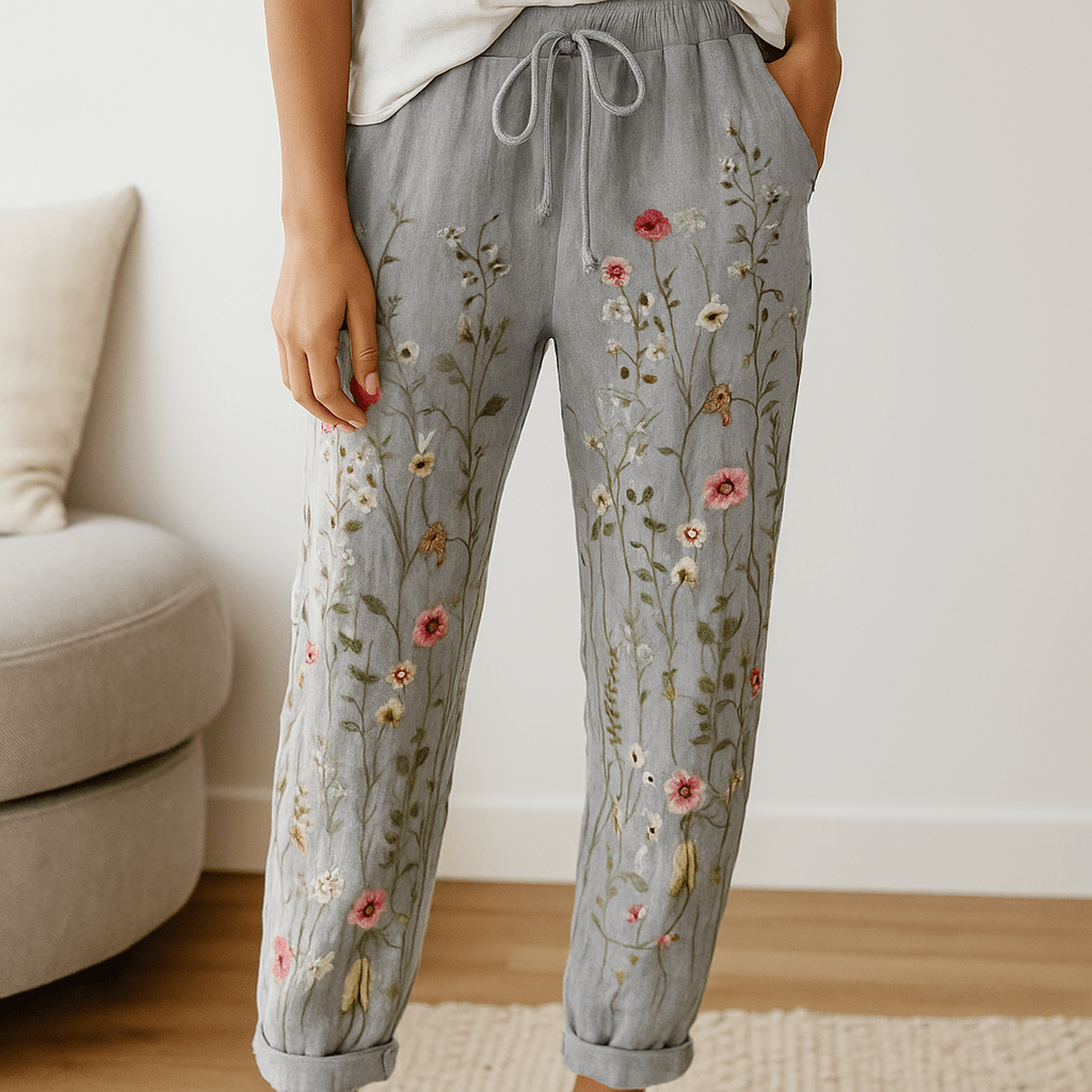 Women’s Linen Pants with Floral and Butterfly Pattern