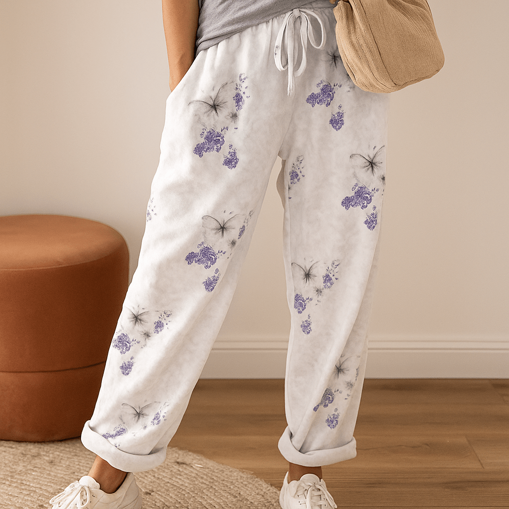 Women’s Linen Pants with Floral and Butterfly Pattern