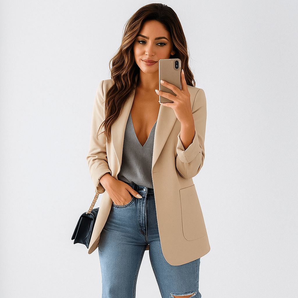 Women’s long blazer - tailored fit - open front - notch collar