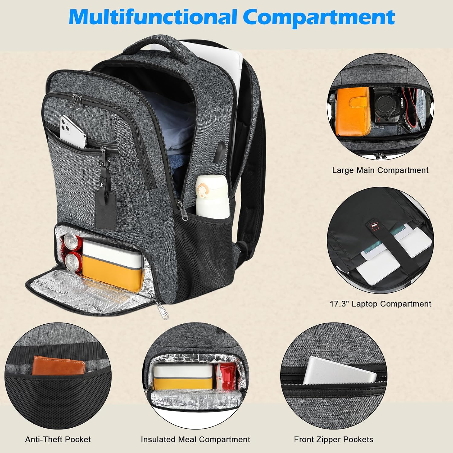 Laptop backpack | Waterproof, USB port, lunch bag