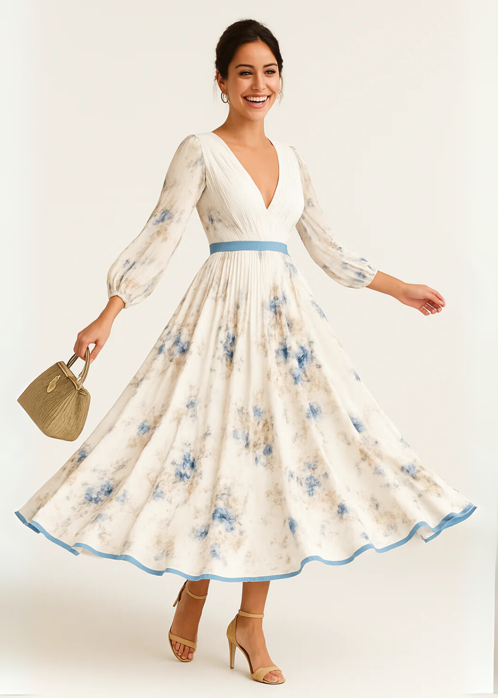 Maxi wrap dress floral pattern white long sleeves