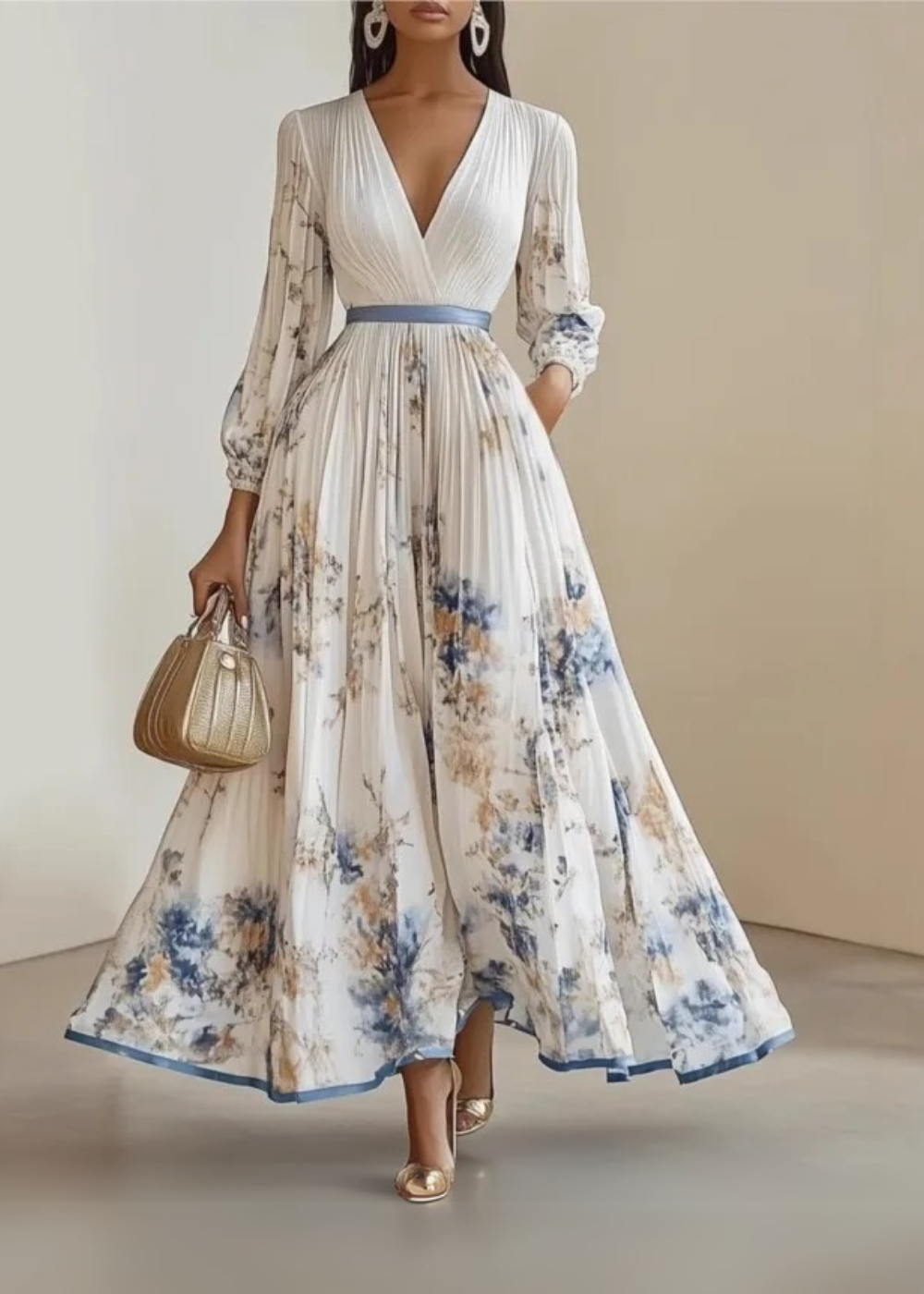 Maxi wrap dress floral pattern white long sleeves