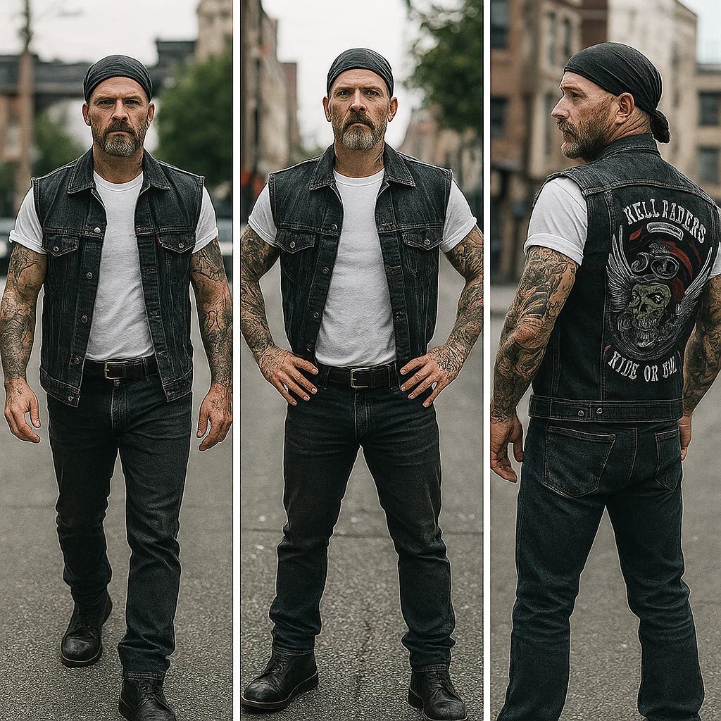 Men's Motorcycle Vest | With Denim, Sleeveless | Black