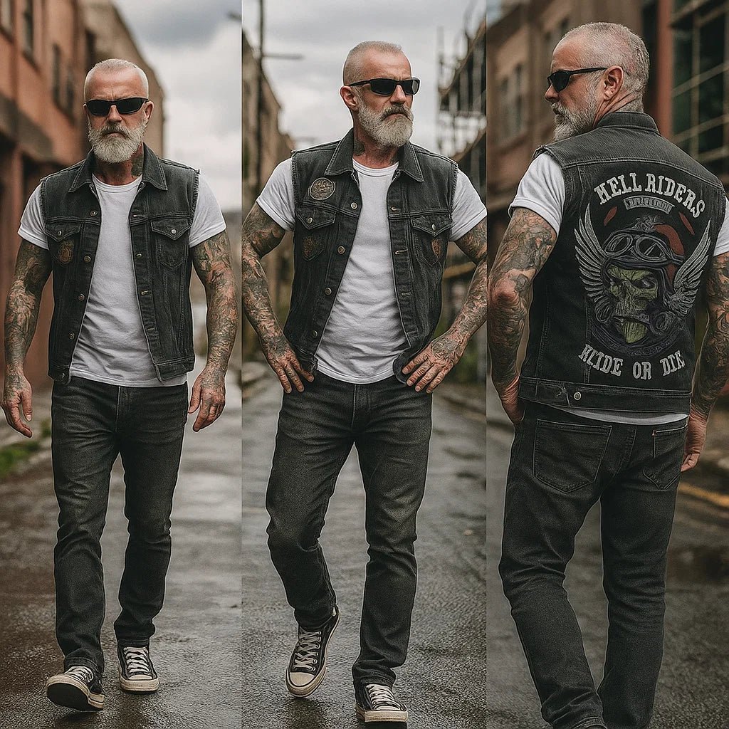 Men's Motorcycle Vest | With Denim, Sleeveless | Black