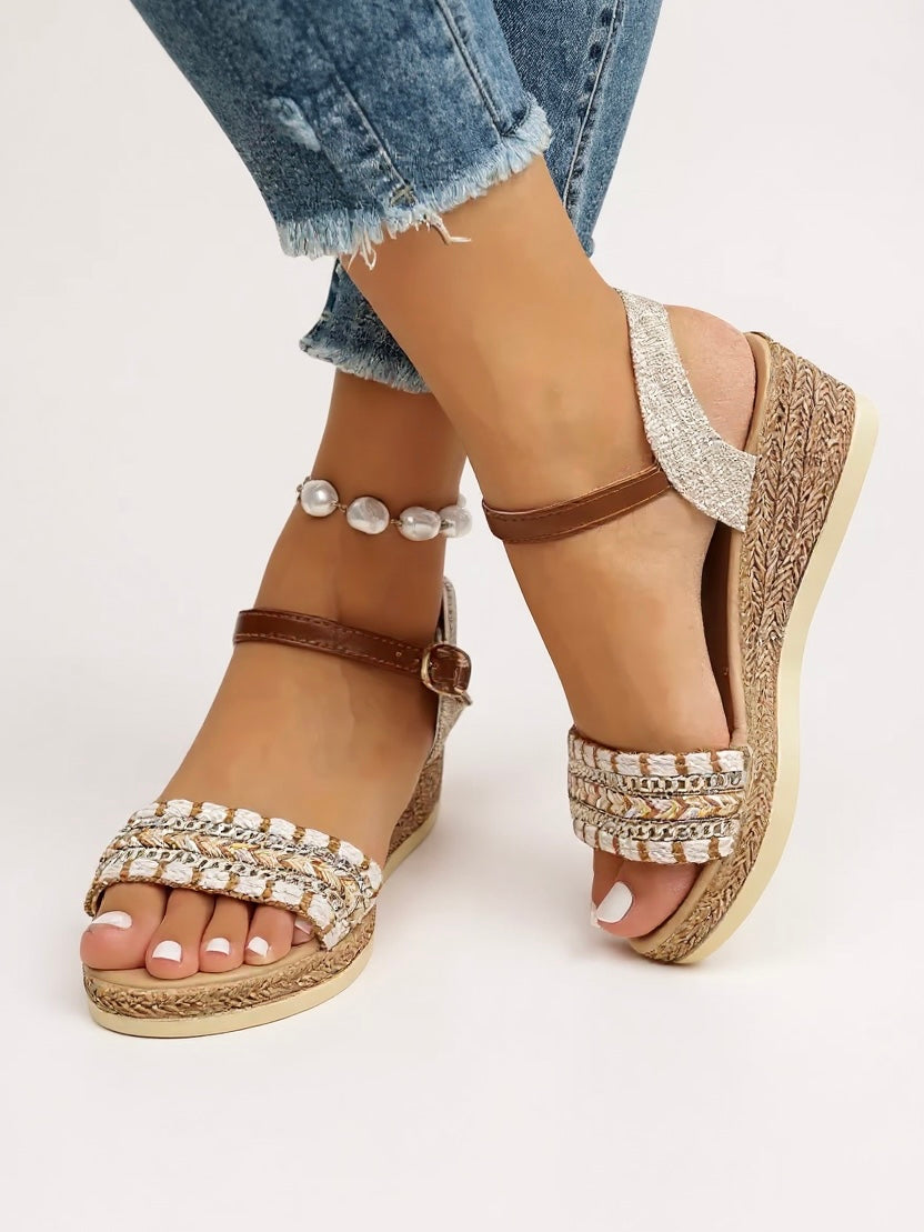 Women's woven sandals | Raised heel, Buckle strap