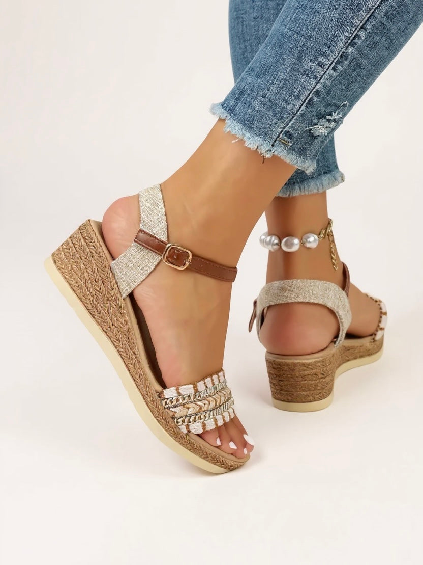 Women's woven sandals | Raised heel, Buckle strap