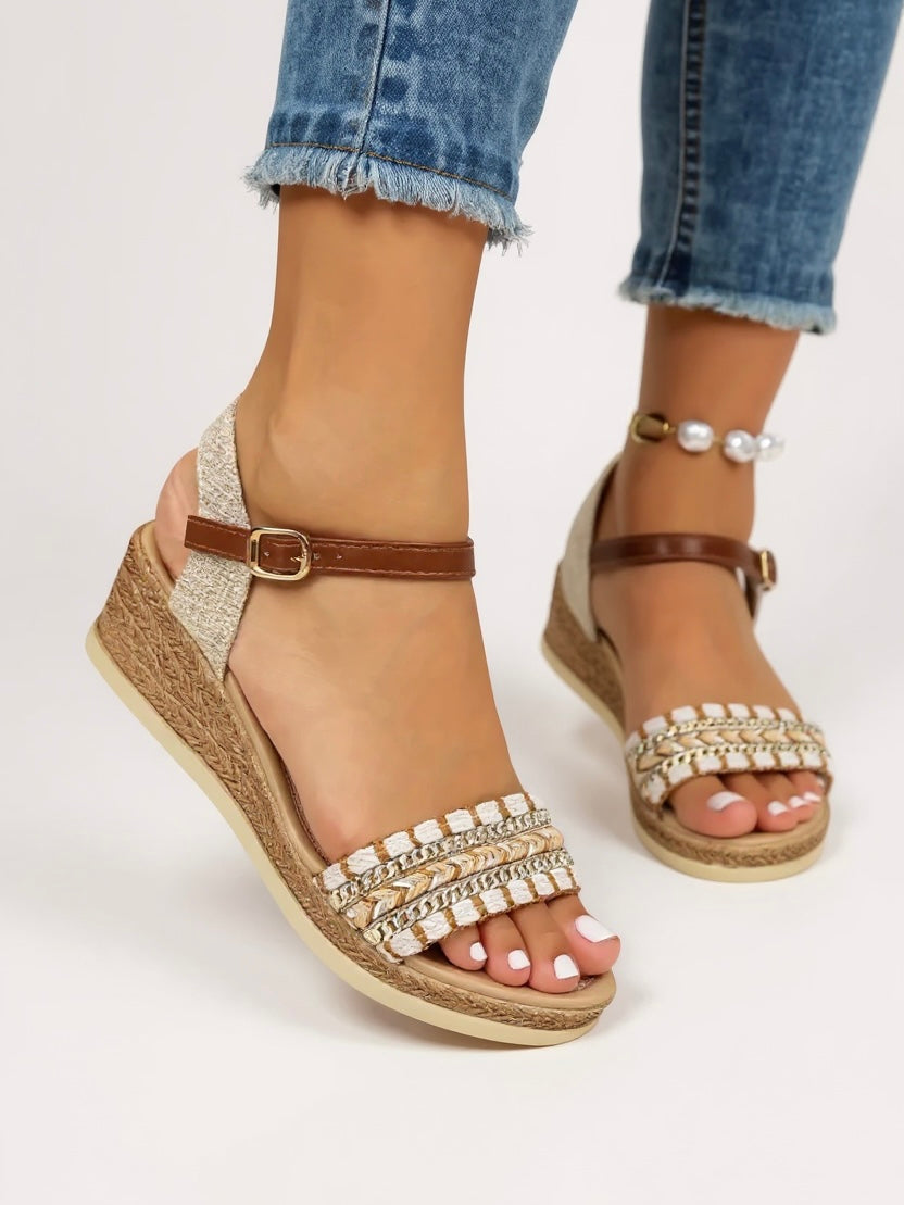 Women's woven sandals | Raised heel, Buckle strap